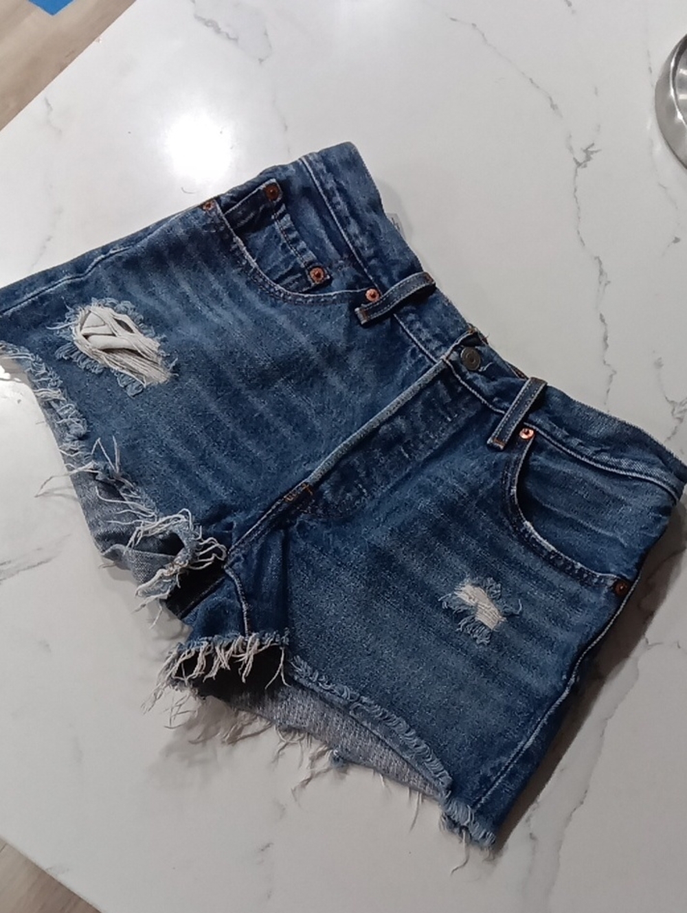 Levi's Distressed Dark Blue Denim Cutoff Shorts